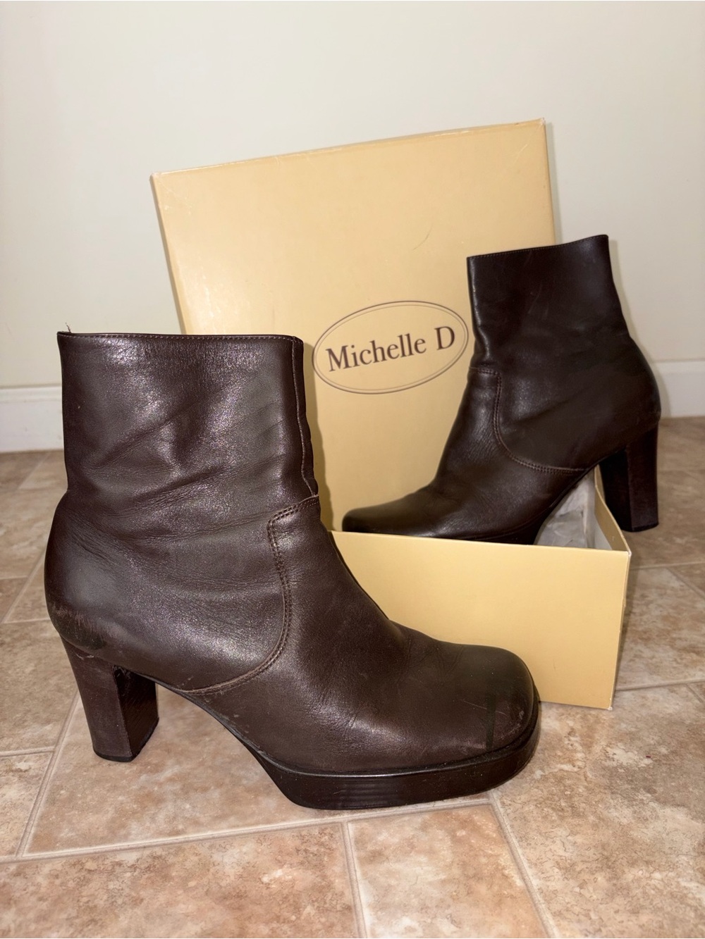 Michelle D Dark Brown Leather Platform Ankle Booties